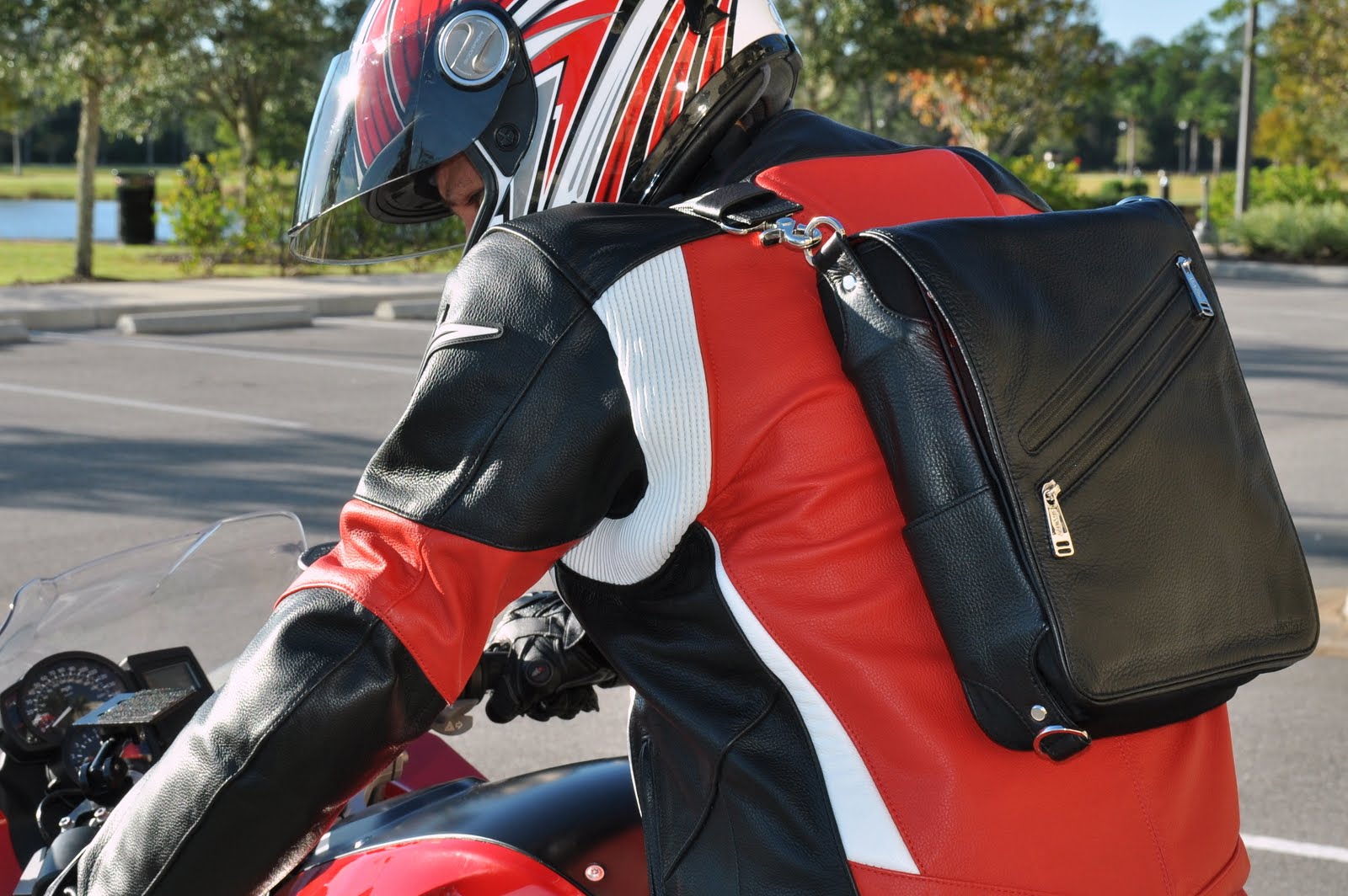 iPad messenger bag converts to backpack when riding a motorcycle