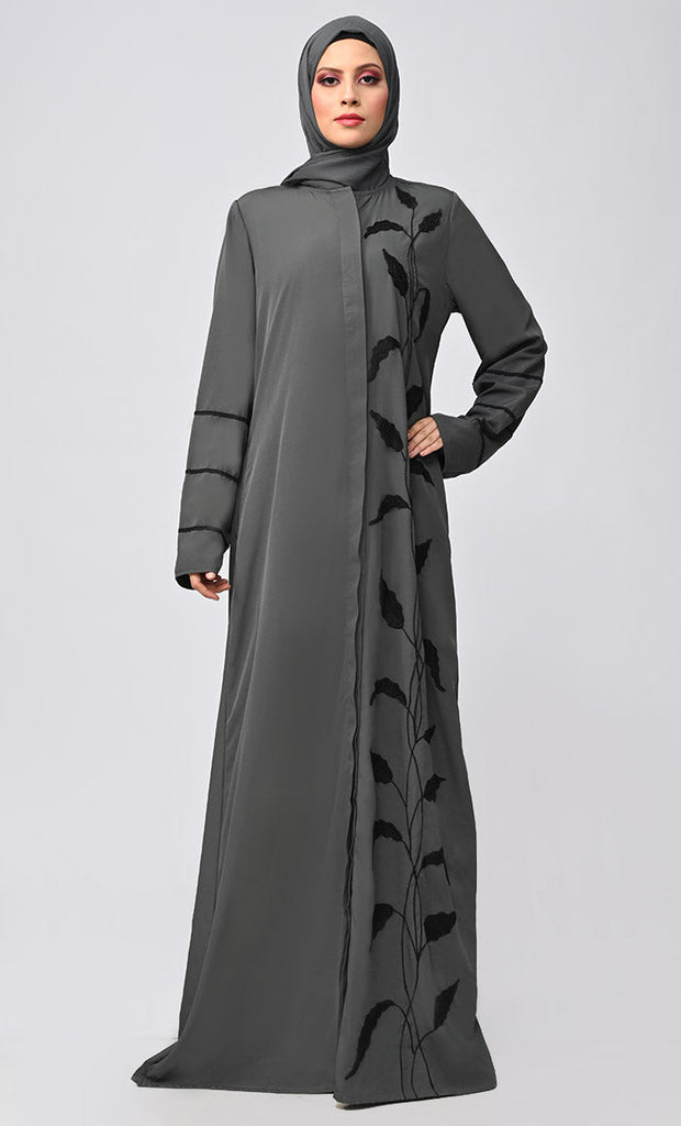 Arabic Grey Enchantress Embroidered Abaya With Pockets - saltykissesboutique.com