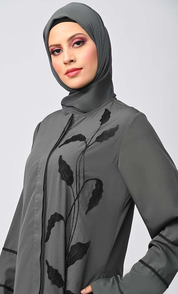 Arabic Grey Enchantress Embroidered Abaya With Pockets - saltykissesboutique.com