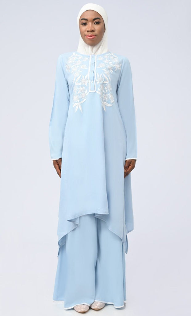 Azraq Modest Islamic Embroidered Set With Hijab And Pockets - saltykissesboutique.com