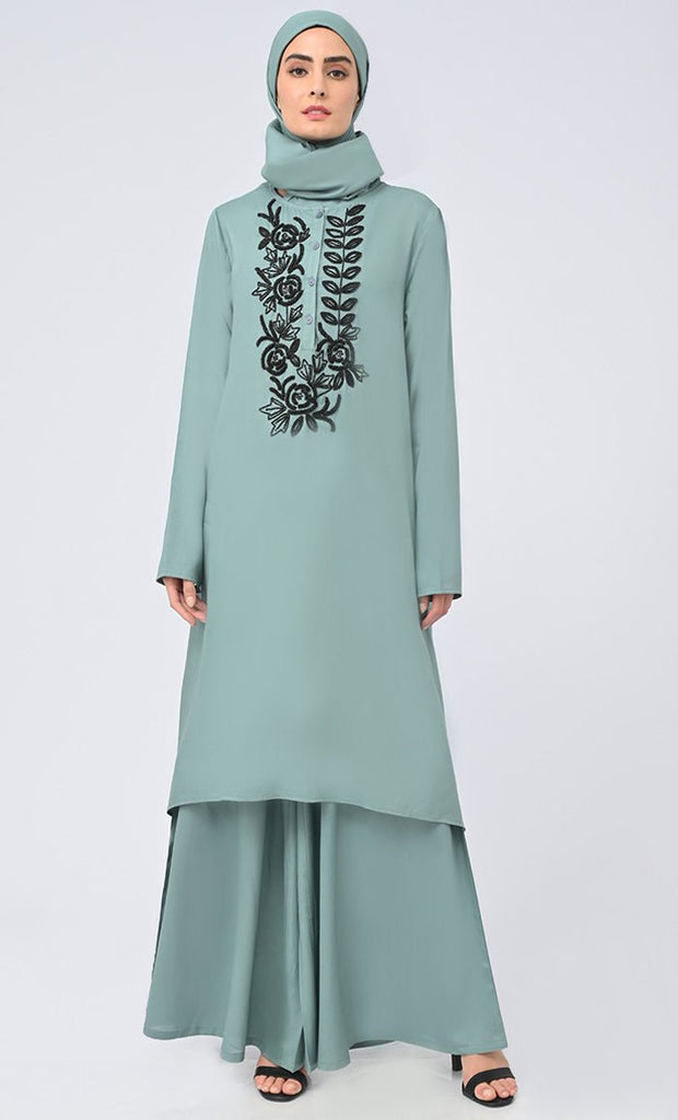 Beautiful Modest Islamic Embroidered Set With Matching Hijab And Pockets - saltykissesboutique.com