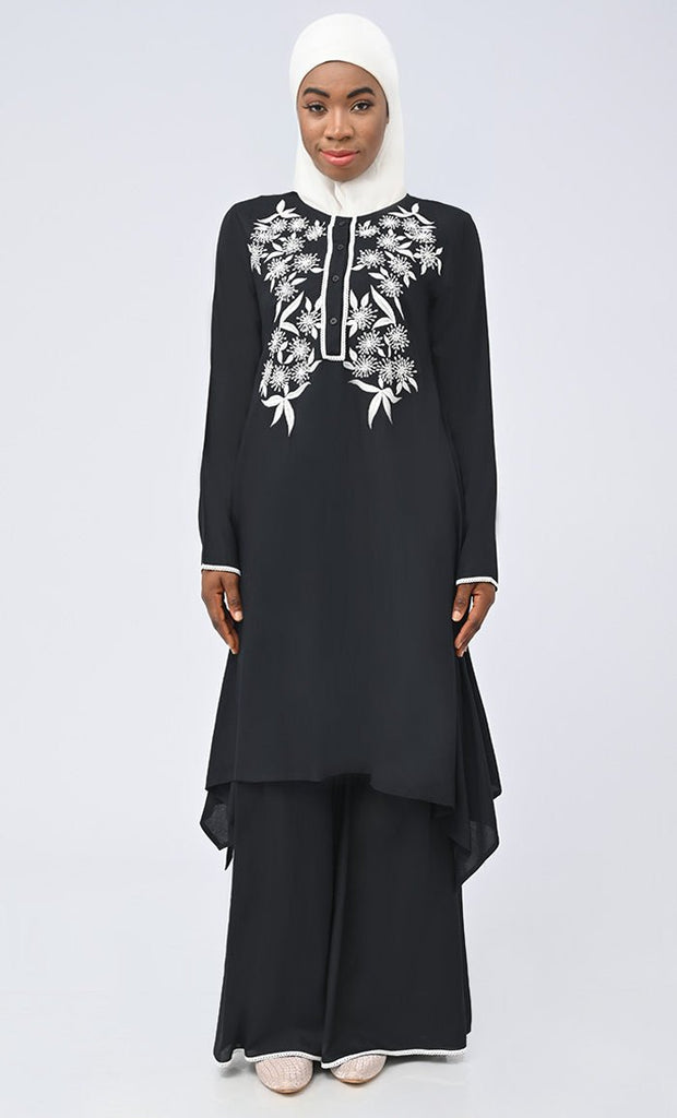 Black Modest Islamic Embroidered Set With Hijab And Pockets - saltykissesboutique.com