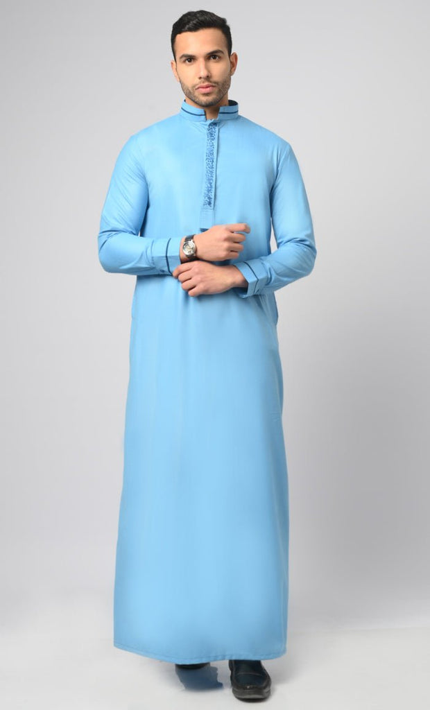 Blue Formal Modern Thobe / Jubba With Contrasting Dark Blue Embroidered Detail - saltykissesboutique.com