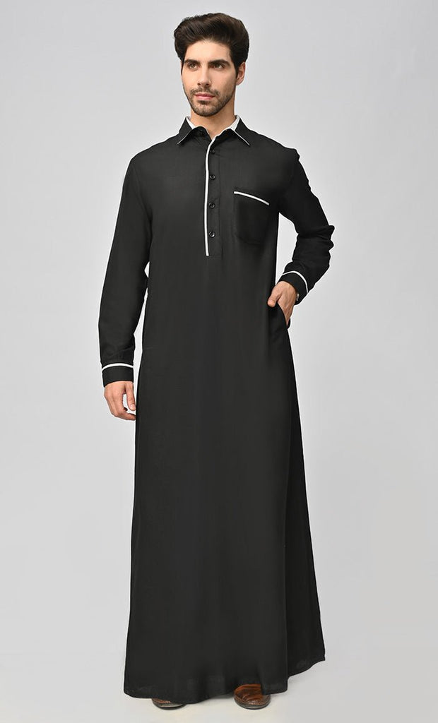 Buy Mens Dubai White Detailing Thobe/Jubba With Pockets - saltykissesboutique.com