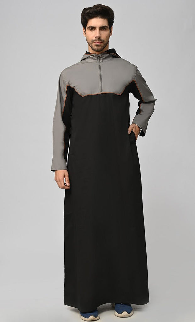 Buy Mens Islamic Grey Contrasted Thobe/Jubba With Pockets And Hood - saltykissesboutique.com