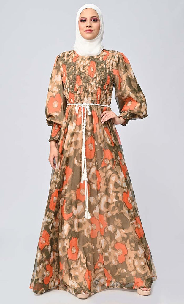 Enchanting Blossoms: Islamic Abstract Printed Smoking Detailing Abaya - saltykissesboutique.com