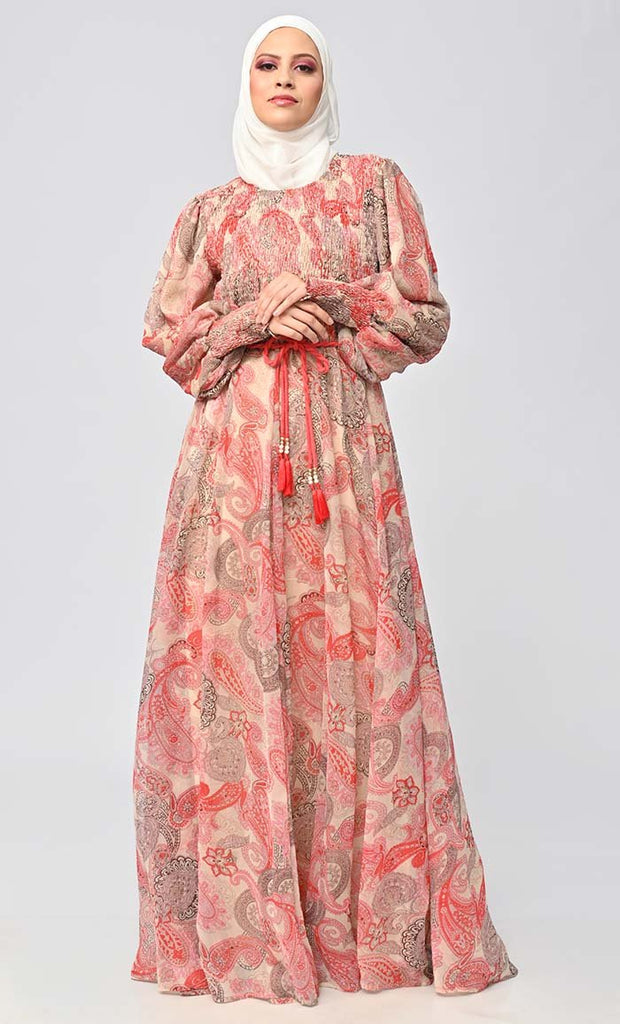 Enchanting Blossoms: Islamic Paisley Printed Smoking Detailing Abaya - saltykissesboutique.com