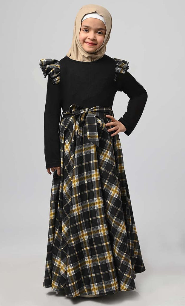 Girl Modest Muslim Check Printed Abaya With Loose Belt - saltykissesboutique.com