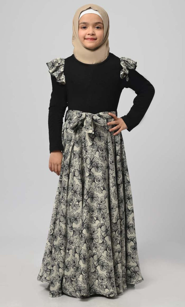 Girl Modest Muslim Floral Printed Abaya With Loose Belt - saltykissesboutique.com
