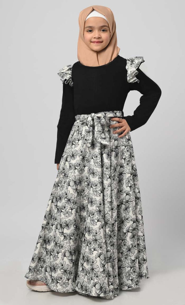 Girl Modest Muslim White & Black Floral Printed Abaya - saltykissesboutique.com