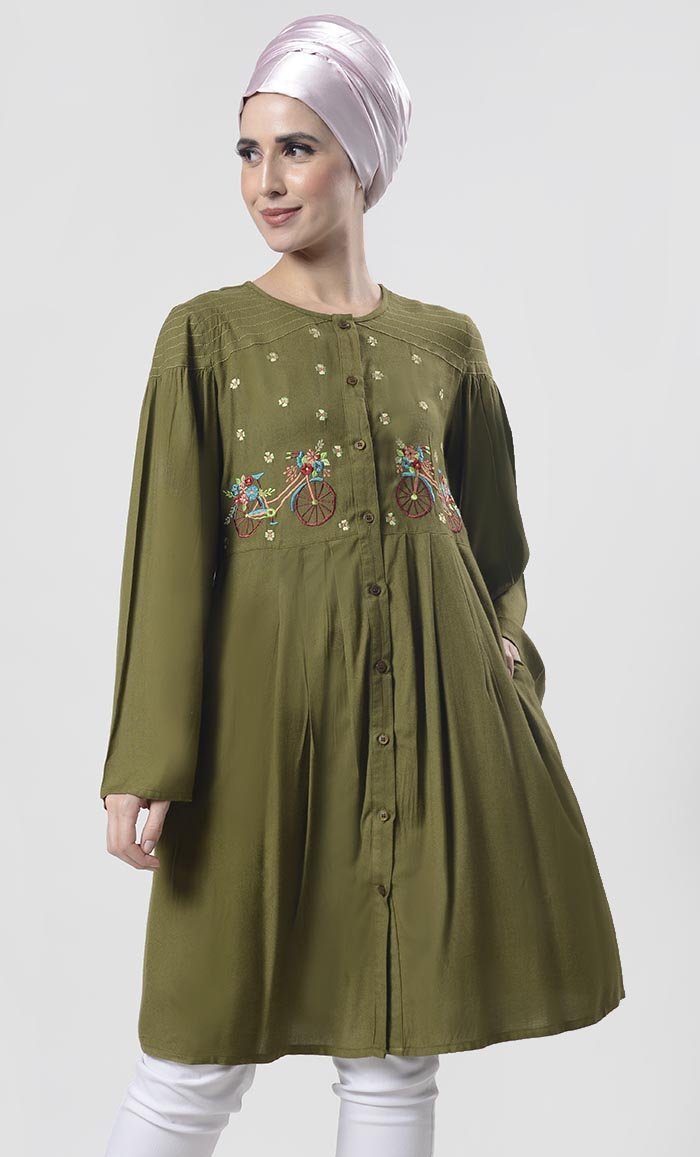 

Graceful Olive Bicycle Embroidered Front Button Down Tunic