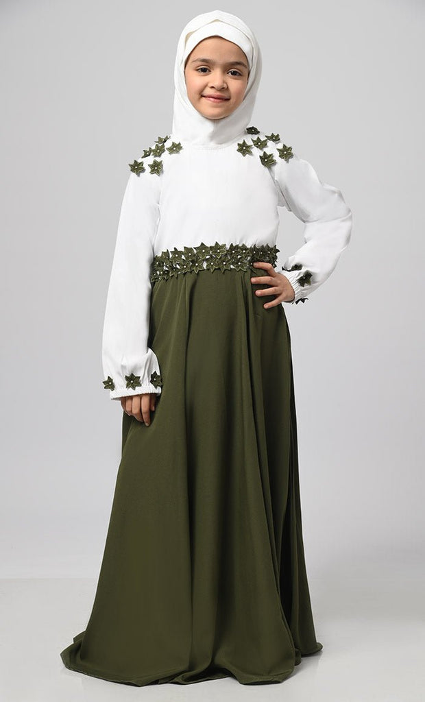 Little Girl Mariyam White & Olive Modest Abaya With Pockets - saltykissesboutique.com