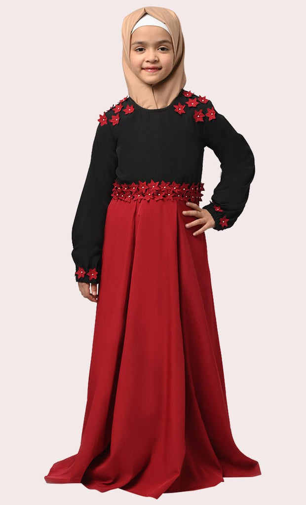Little Girl Rihana Black & Red Modest Abaya With Pockets - saltykissesboutique.com