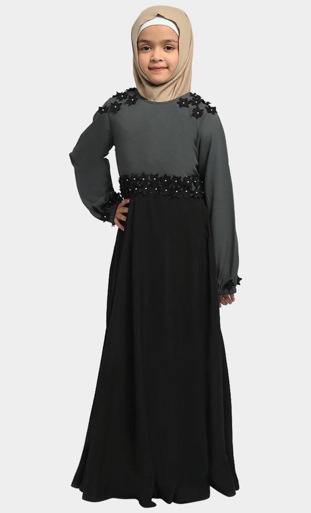 Little Girl Saaida Black & Grey Modest Abaya With Pockets - saltykissesboutique.com