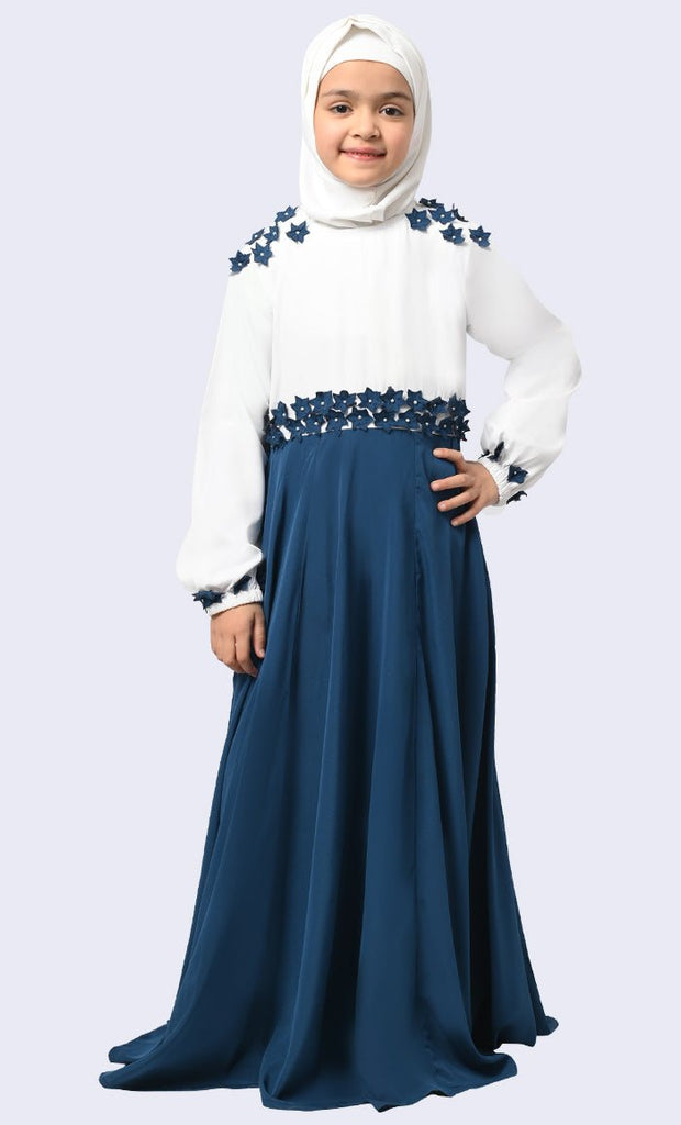 Little Girl Zahida White&Denim color Modest Abaya With Pockets - saltykissesboutique.com