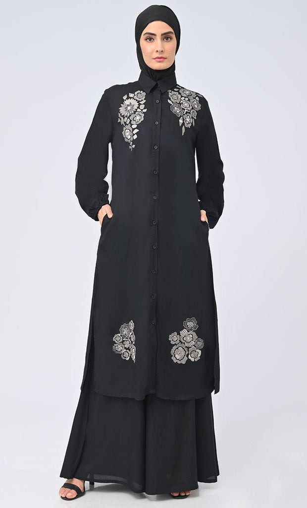Modest Islamic Button Down Flared Set With Hijab And Pockets - saltykissesboutique.com