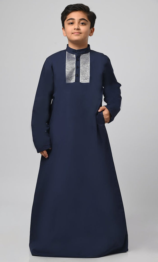 Modest Muslim Boys Embroidered Thread Detailing Thobe - saltykissesboutique.com