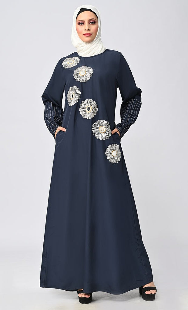 New Islamic Pin Tucks And Mirror Detailing Abaya With Pockets - saltykissesboutique.com