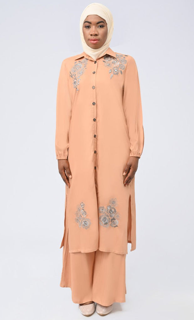 Sand Modest Islamic Button Down Flared Set With Hijab And Pockets - saltykissesboutique.com