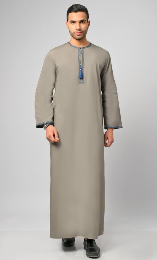 Saudi Blue Embroidery Tessel Detail Thobe / Jubba For Men - saltykissesboutique.com