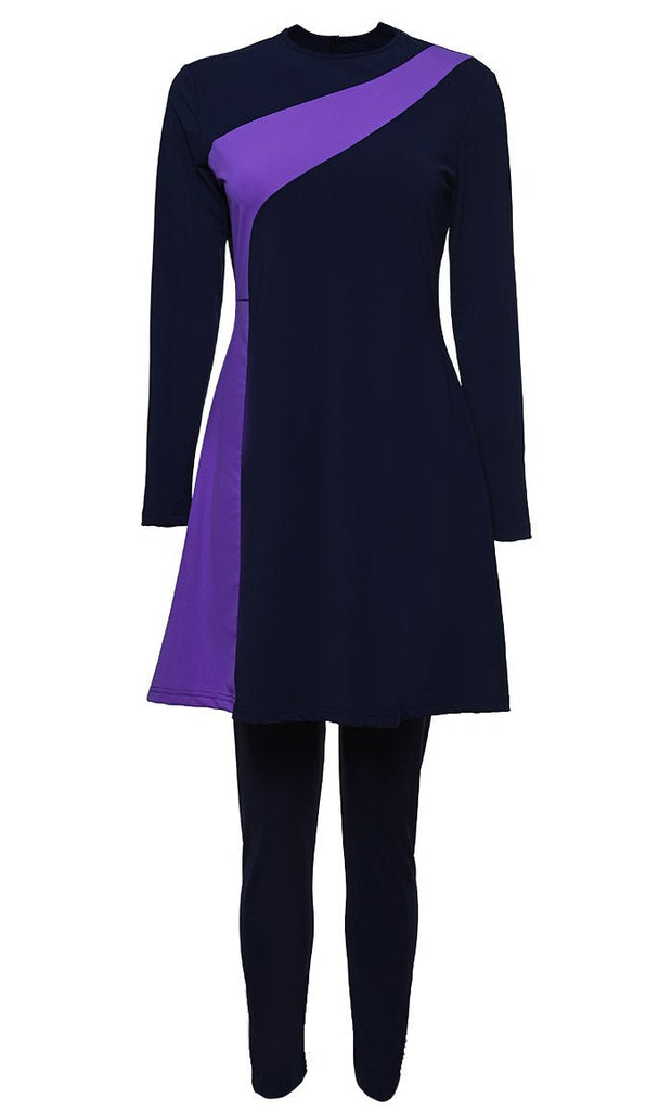 Solid Swimwear Navy With Purple Stripe Burkini Set Of Top Bottom-Final Sale - saltykissesboutique.com