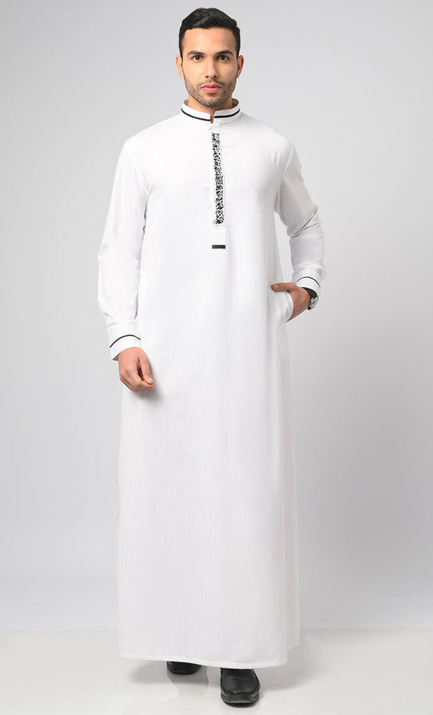 White Formal Modern Thobe / Jubba With Contrasting Black Embroidered Detail - saltykissesboutique.com
