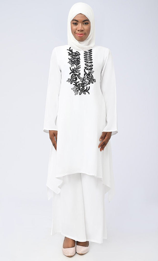 White Modest Islamic Embroidered Set With Hijab And Pockets - saltykissesboutique.com