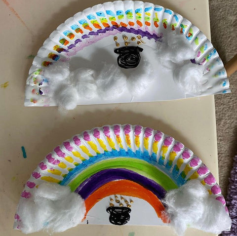 rainbow and clouds paper plate craft with kwik stix