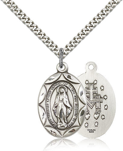 Sterling Silver Miraculous Medal with Chain Pendant