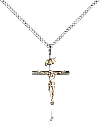 Sterling Silver Two-Tone Crucifix Medal with Chain Pendant