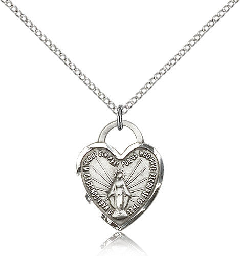 Sterling Silver Miraculous Heart Medal with Chain Pendant