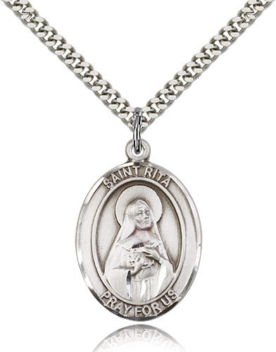 Sterling Silver St. Rita of Cascia Baseball Medal with Chain Pendant