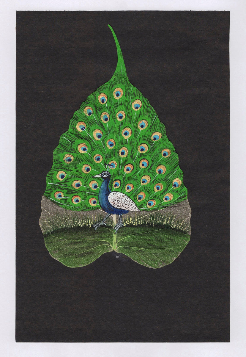 Peepal Leaf Art Handmade Indian Miniature Peacock Drawing Decor ...