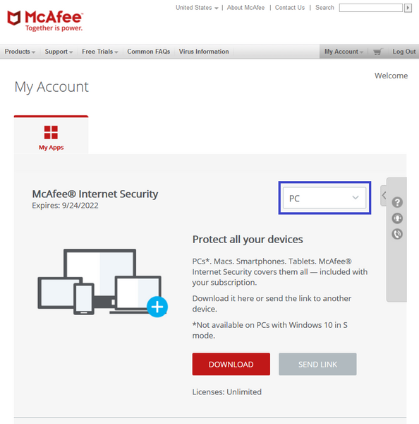 Install McAfee to PC Choose Device