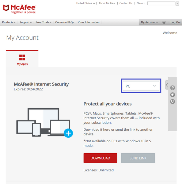 McAfee Account Choose Device