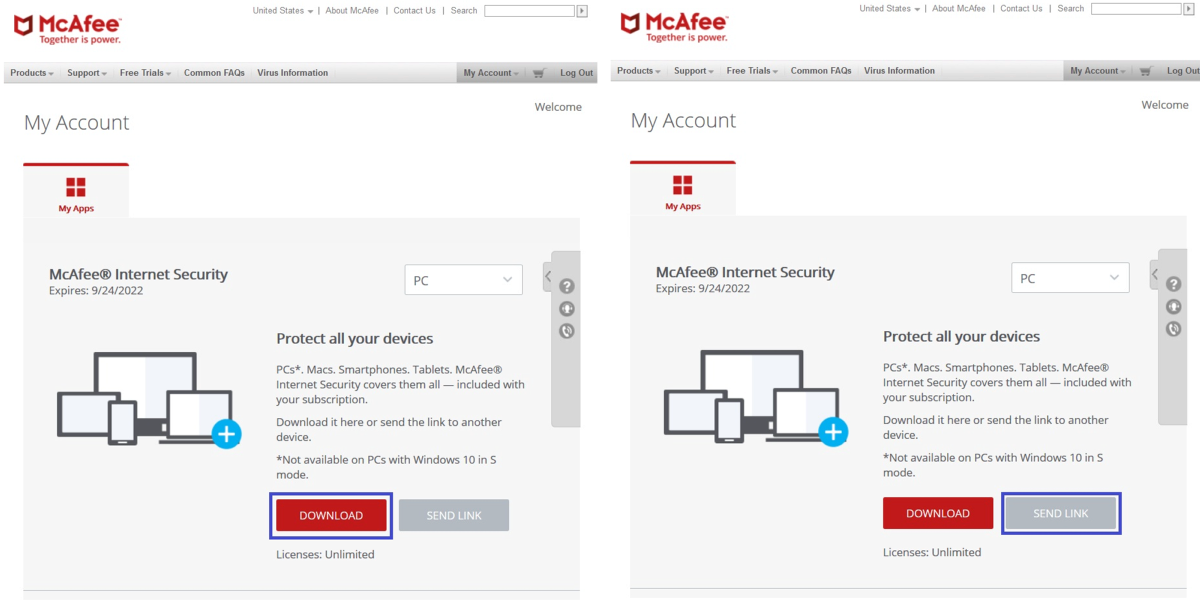 McAfee Account Download Send Link
