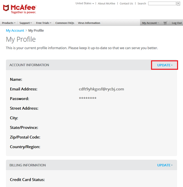 McAfee Account Update Information