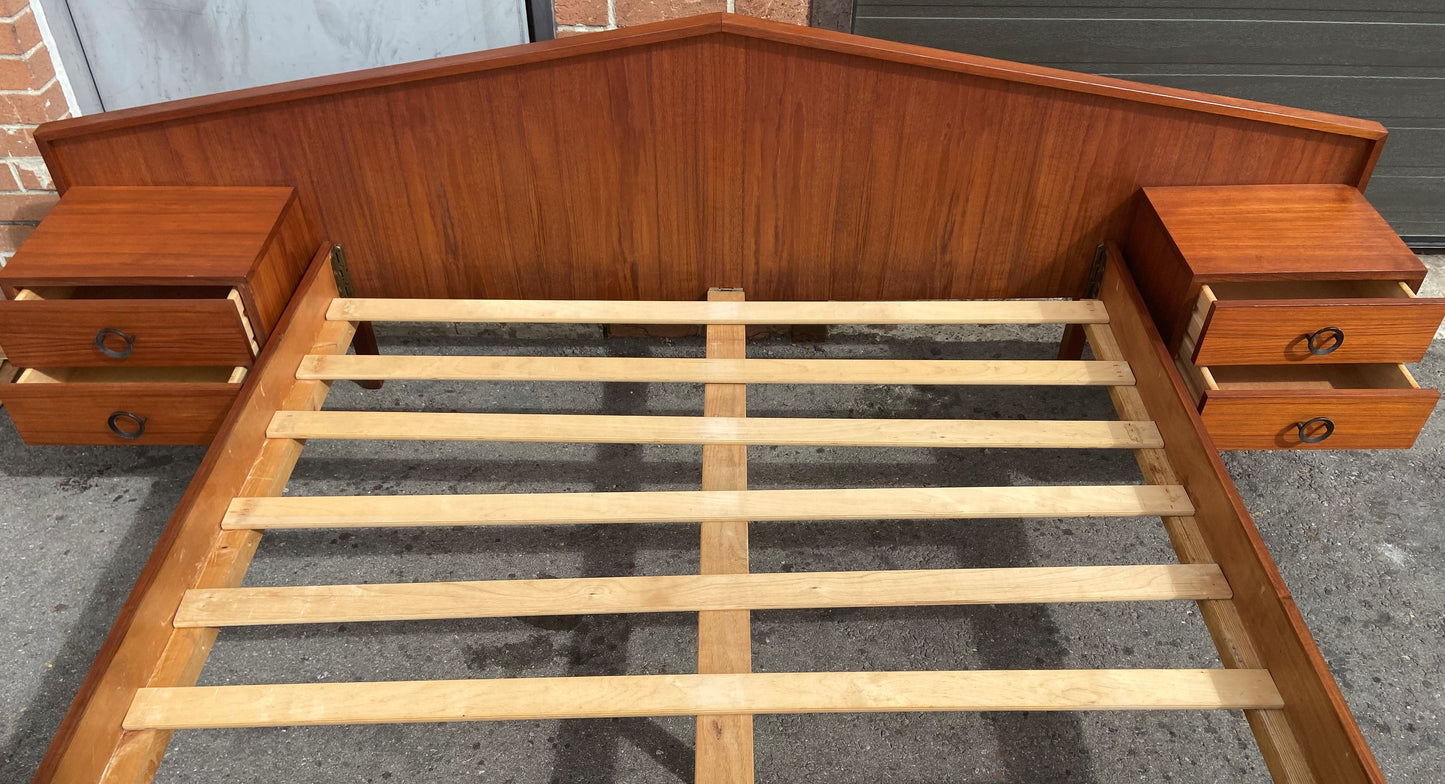 REFINISHED Mid Century Modern Teak Bed w floating nightstands Queen, PERFECT