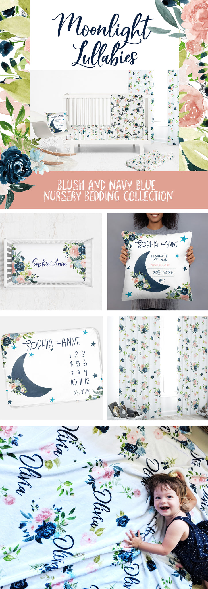 Blush and navy blue nursery bedding