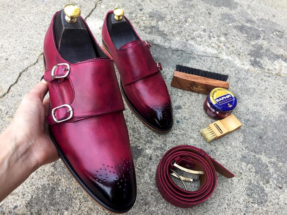 mens burgundy double monk strap shoes