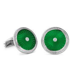 Faberge Colours of Love Sterling Silver Diamond Green Enamel Cufflinks 3073