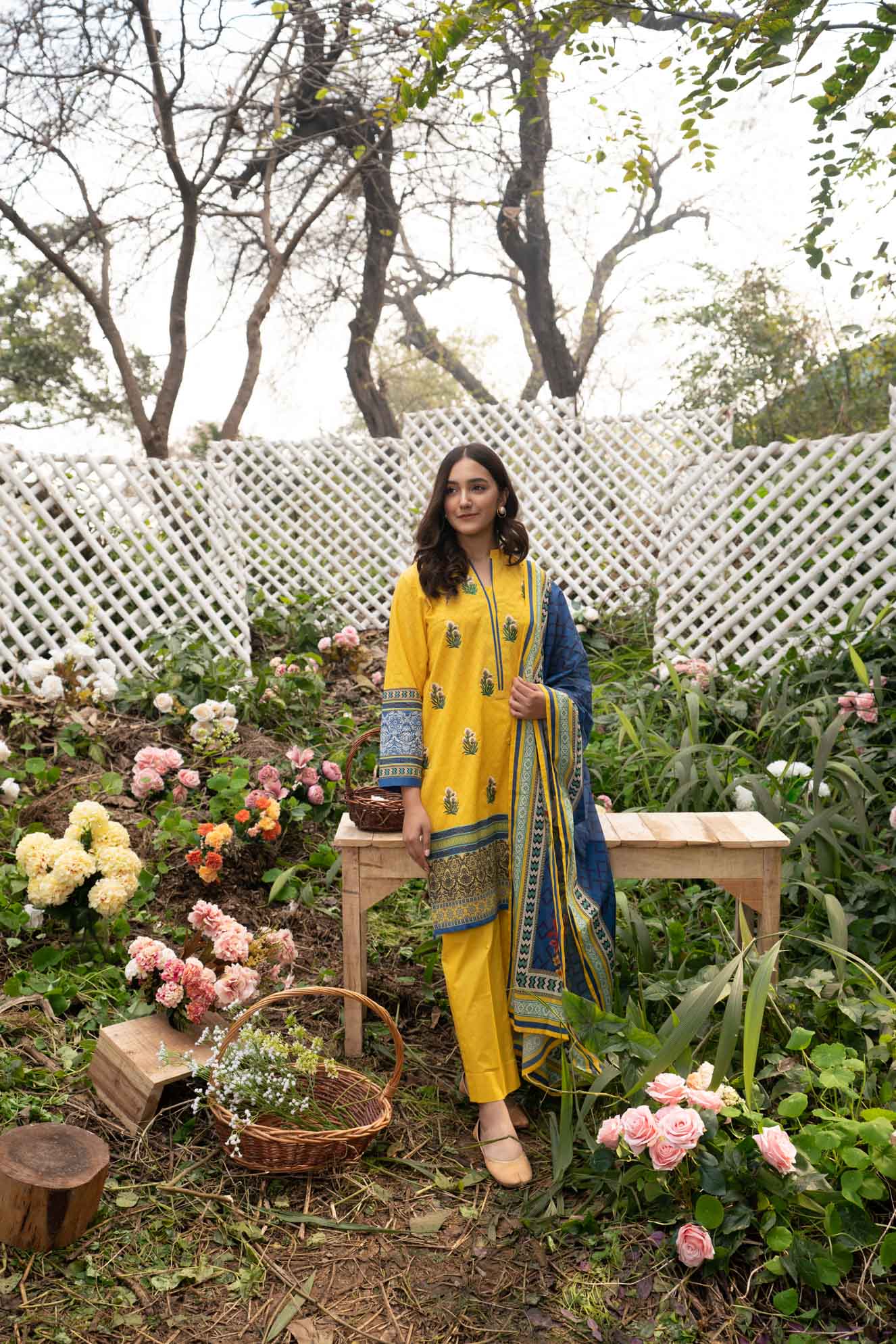 yellow embroidered lawn shirt with printed dupatta