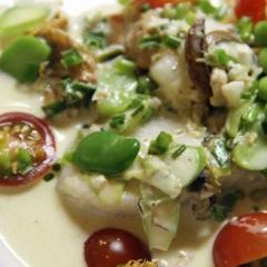 Cream-Poached Halibut Cheeks with Spring Vegetable Medley Cream-Poached Halibut Cheeks with Spring Vegetable Medley
