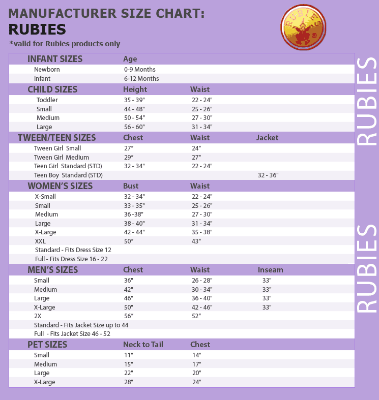 Rubies Child Size Chart