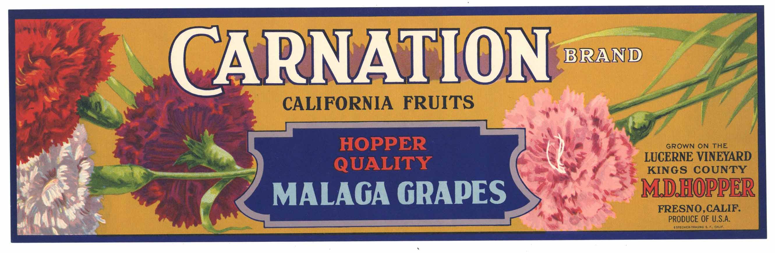 malaga grapes Carnation Fresno CA Fruit Crate Label 