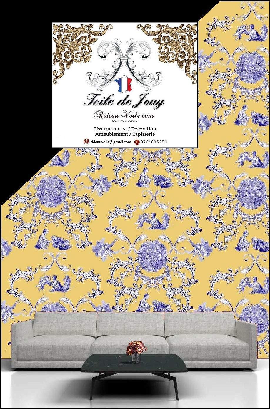 Toile de Jouy jaune bleu Les amoureuses tissu au mètre ameublement rideaux voilage curtain shower tapisserie papier peint luxe fabrication entreprise Française Paris Versailles. Décorateur designer architecte hôtel restaurant.