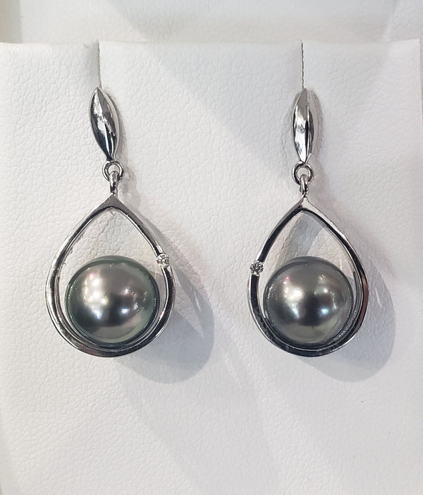 18K White Gold 9-9.5mm Tahitian Pearl and Diamond Dangle Earrings with Butterfly Backs