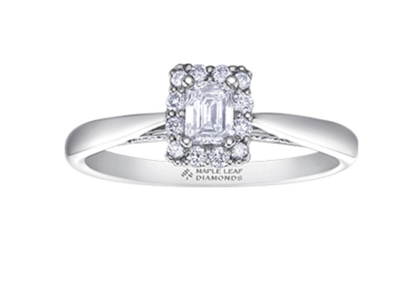 18K White Gold & Palladium Alloy (hypoallergenic) 0.49cttw Canadian Emerald Cut Diamond Engagement Ring