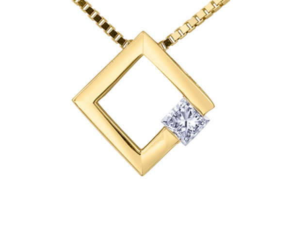 14K Yellow Gold 0.09cttw Princess Cut Canadian Diamond Pendant, 18"