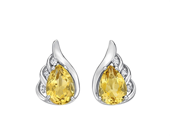 10K White Gold 7x5mm Pear Cut Citrine and 0.03cttw Diamond Stud Earrings with Butterfly Backings